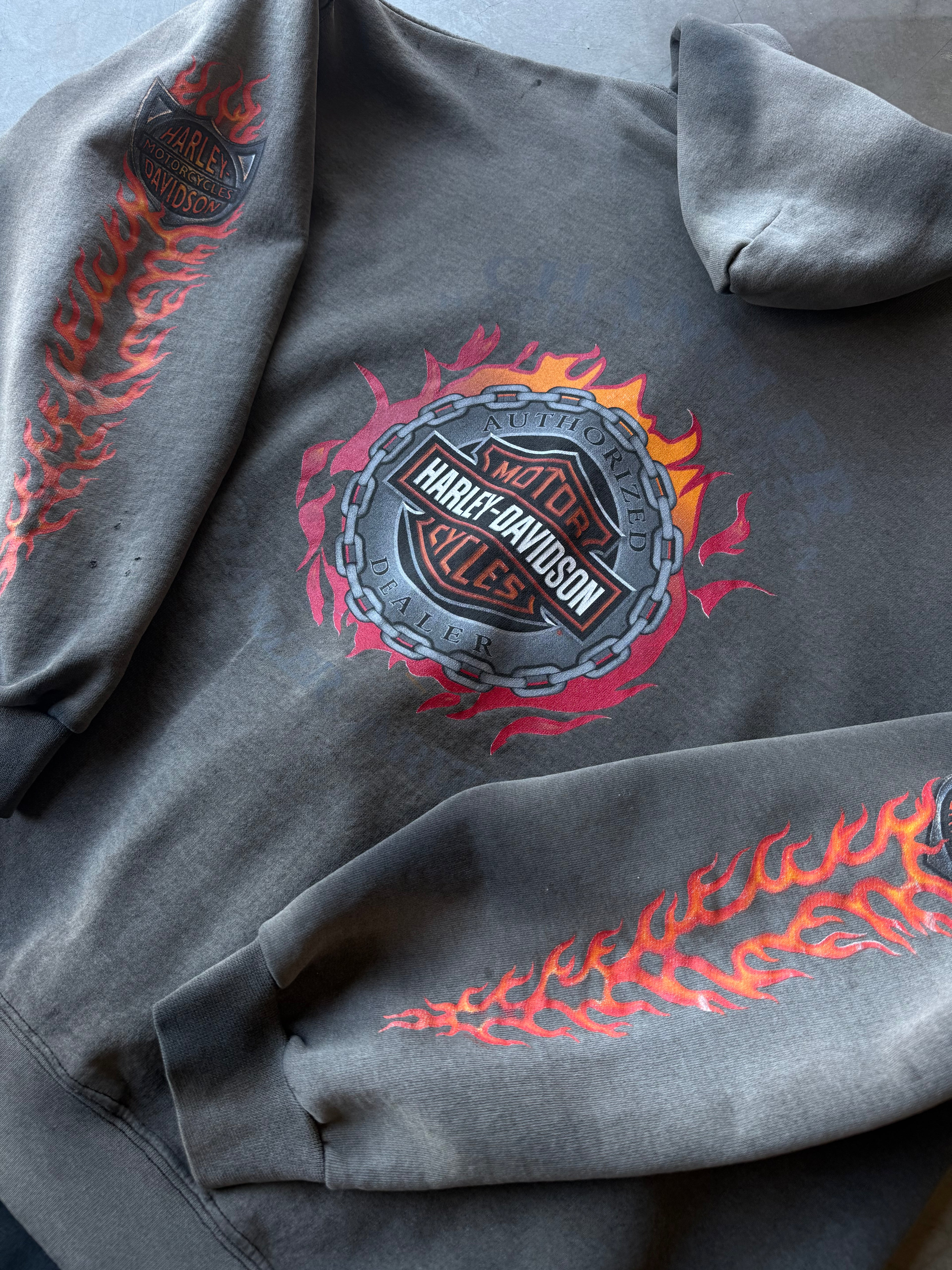 Extremely Faded & Distressed Flame Harley Hoodie(XL)