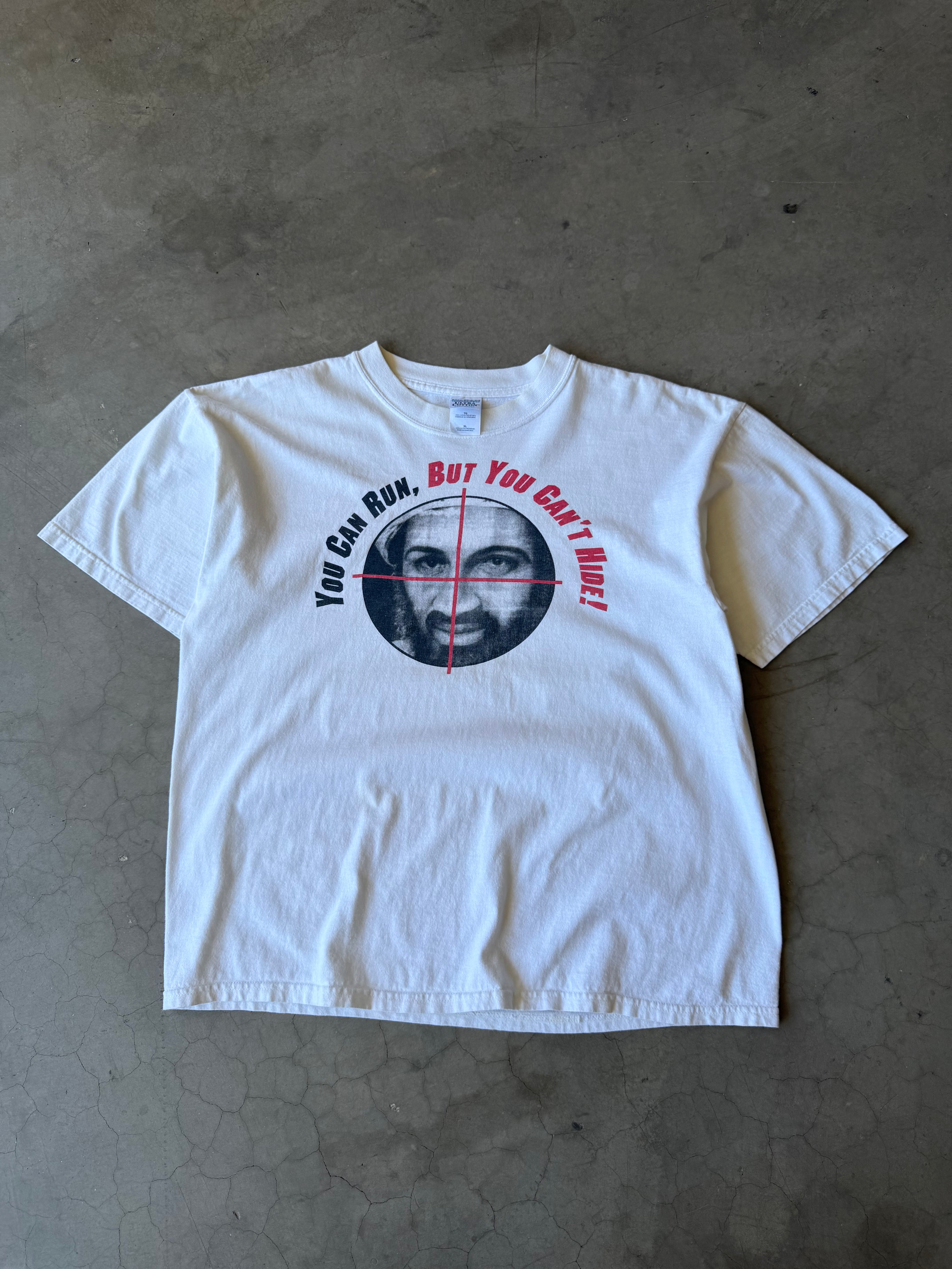 Early 2000s Osama bin Laden You Can Run, But You Can’t Hide! Tee(XL)