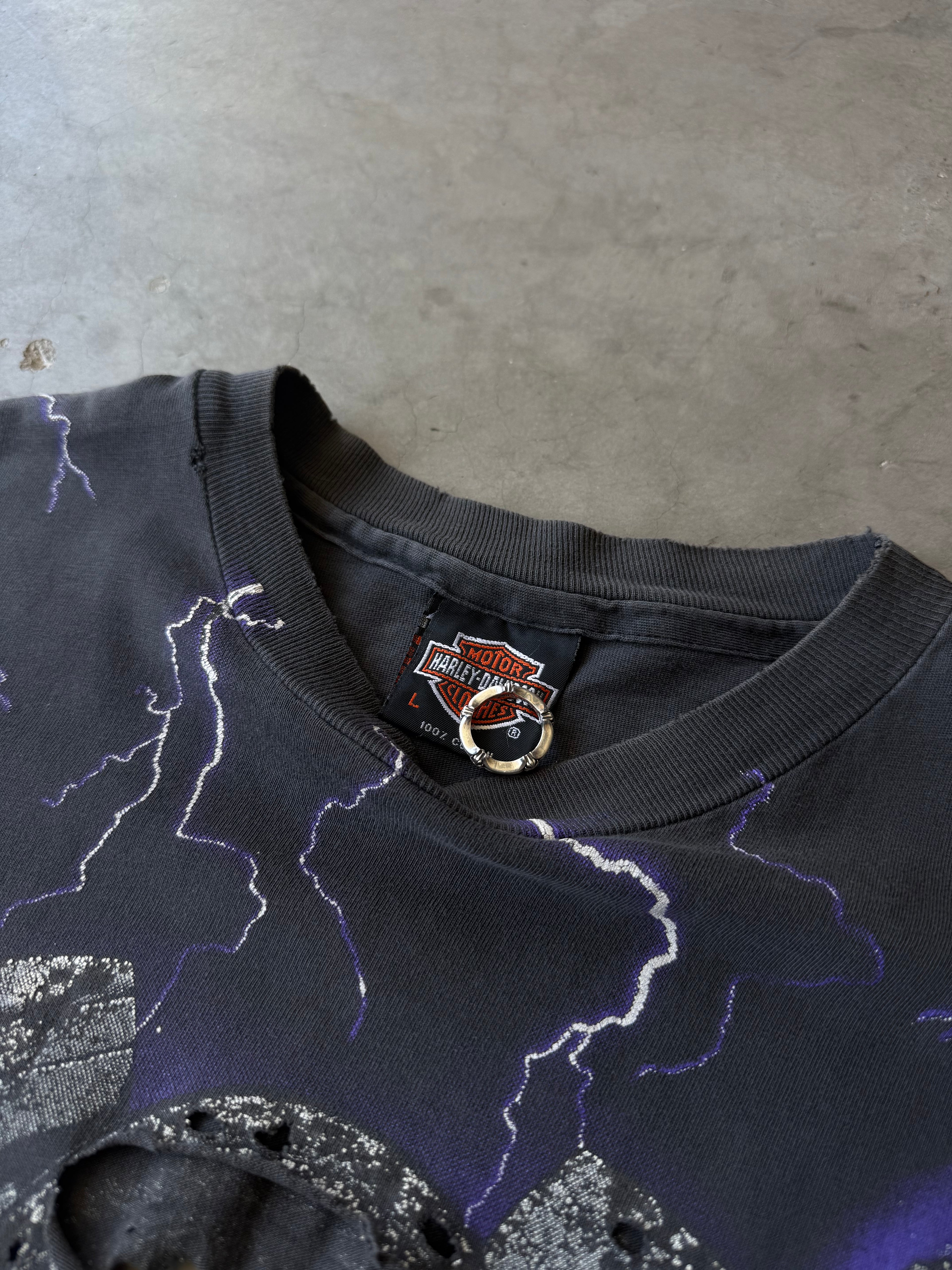 1990s Distressed Harley Davidson Purple Thunder & Lightning AOP