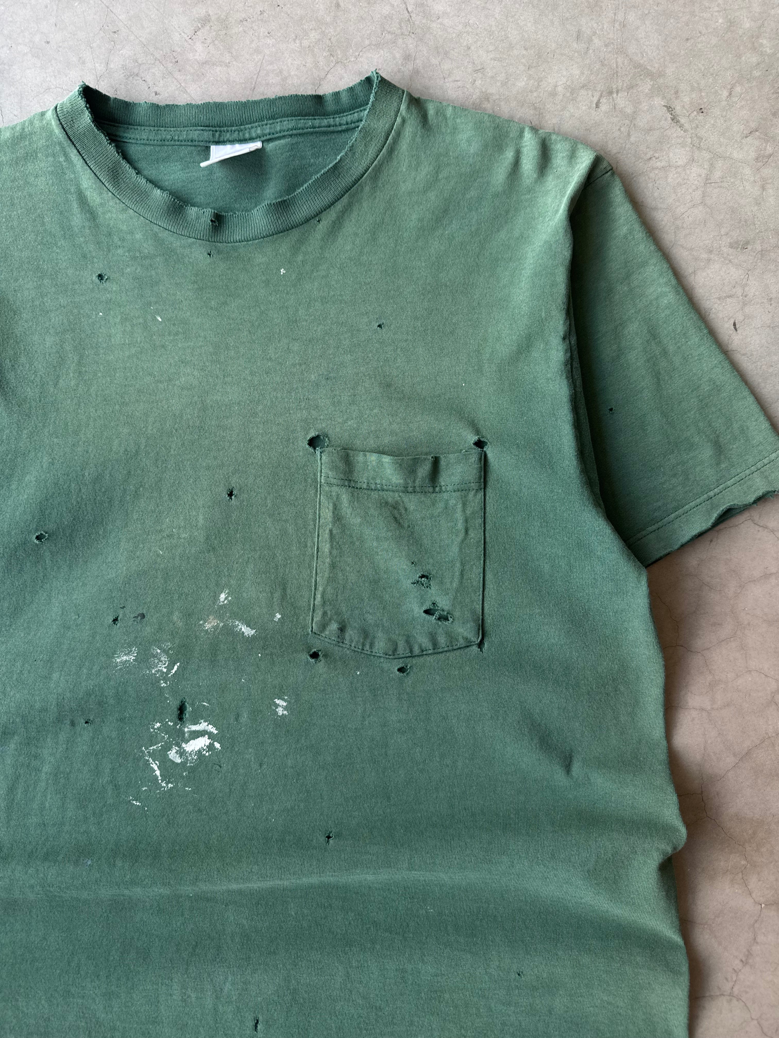 1990s Painted & Distressed Green Blank Pocket Tee(M)
