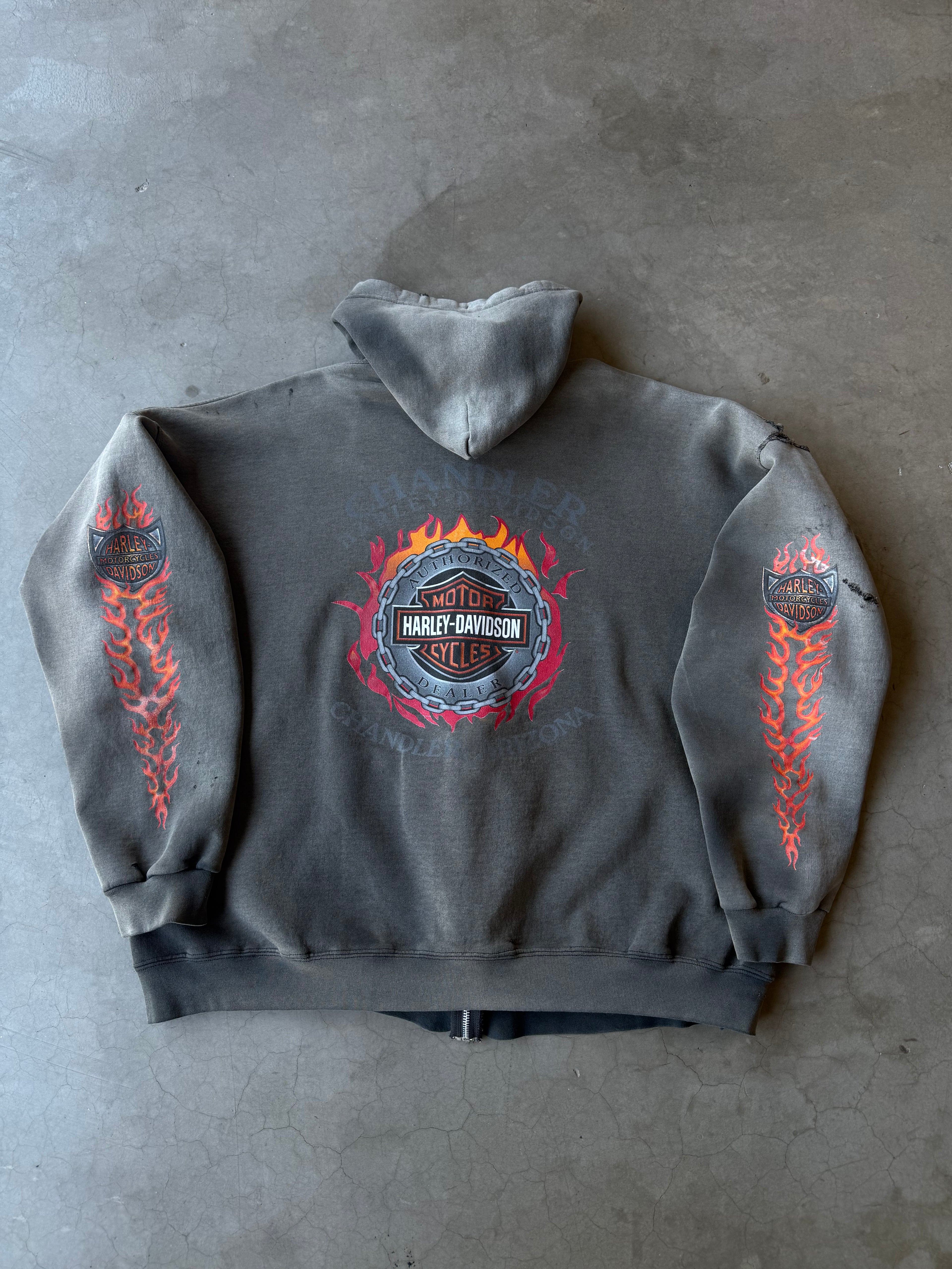 Extremely Faded & Distressed Flame Harley Hoodie(XL)