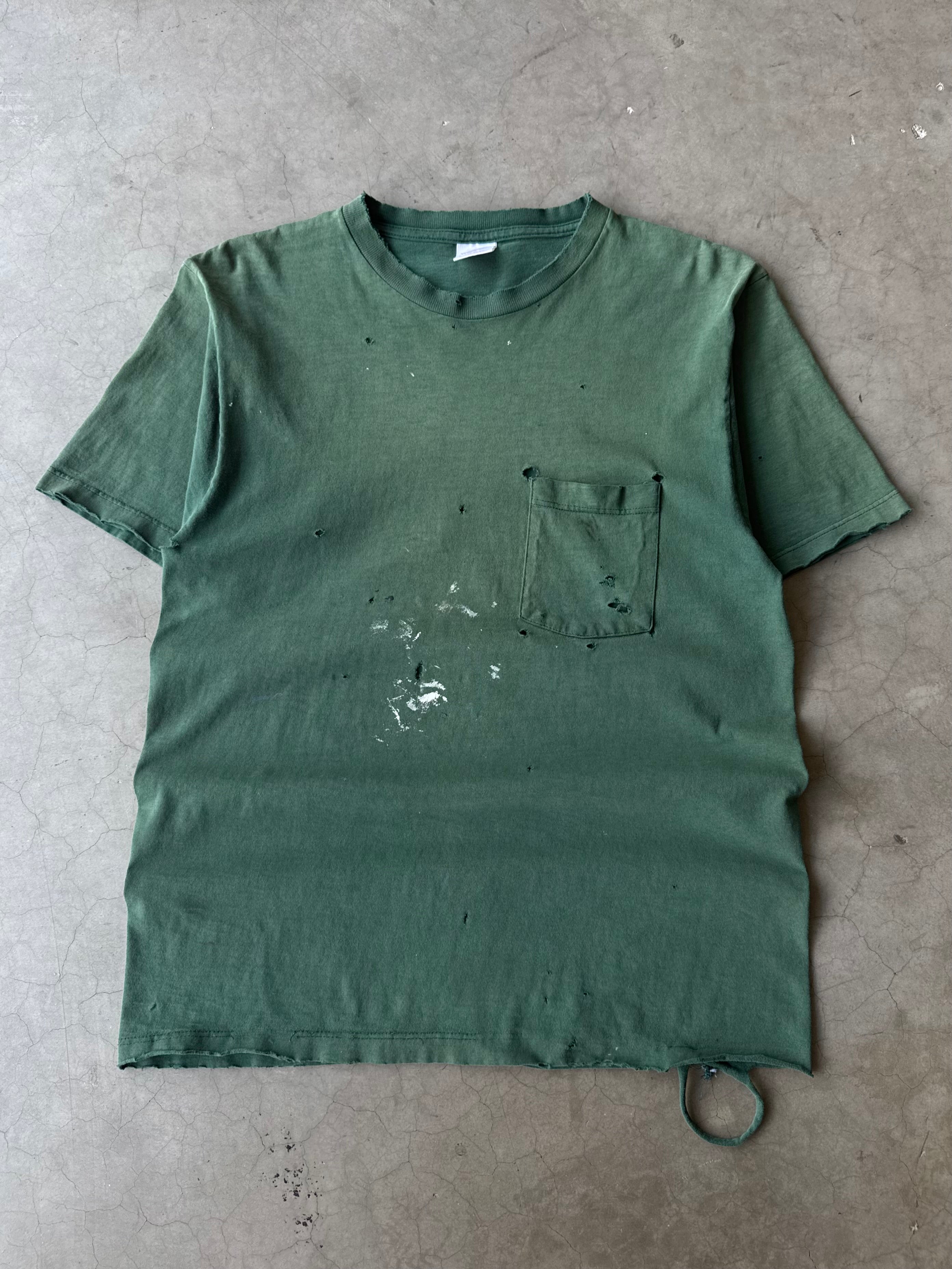 1990s Painted & Distressed Green Blank Pocket Tee(M)