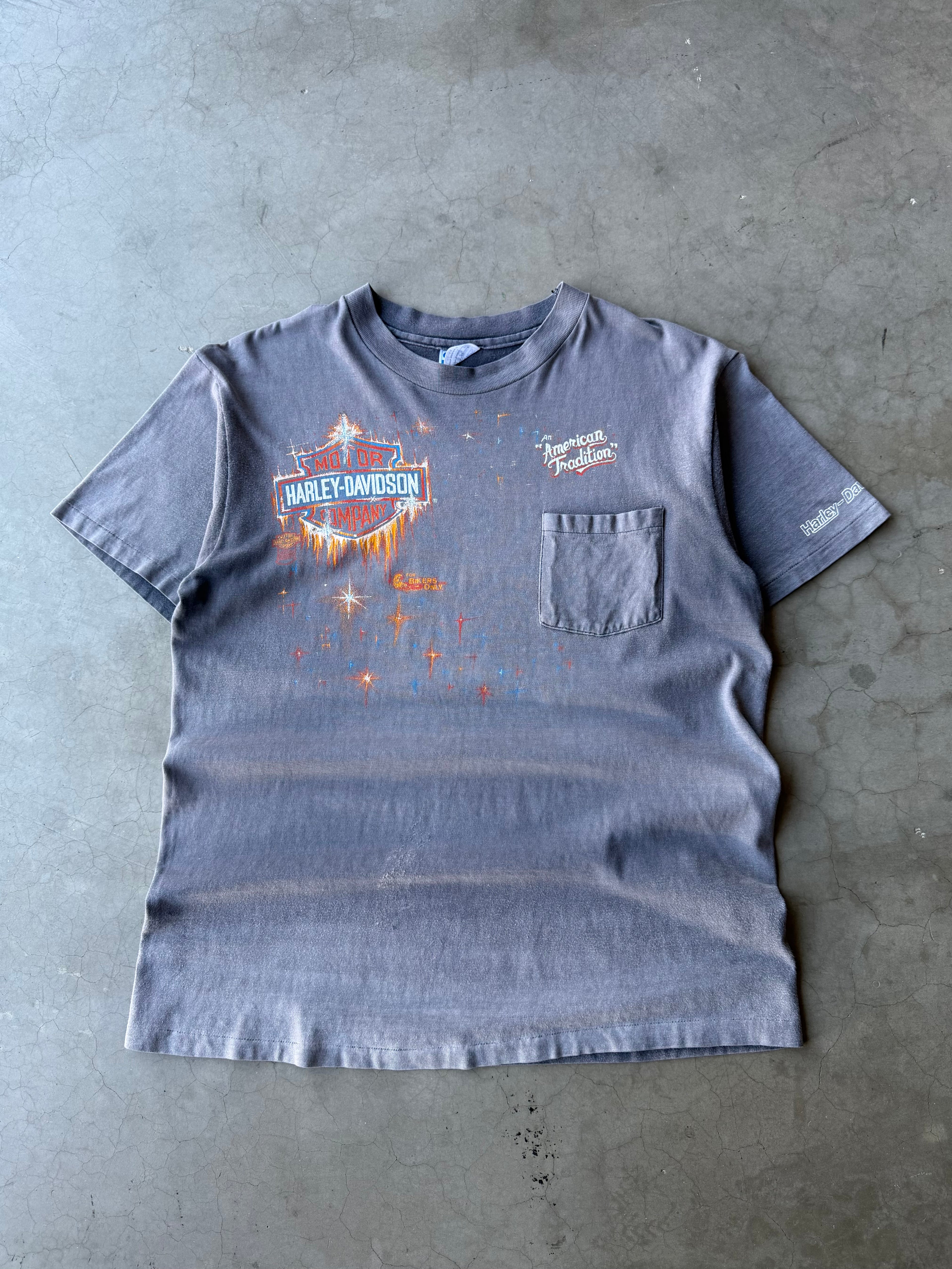 1980s Extremely Faded Harley Davidson Shield Pocket Tee(L)