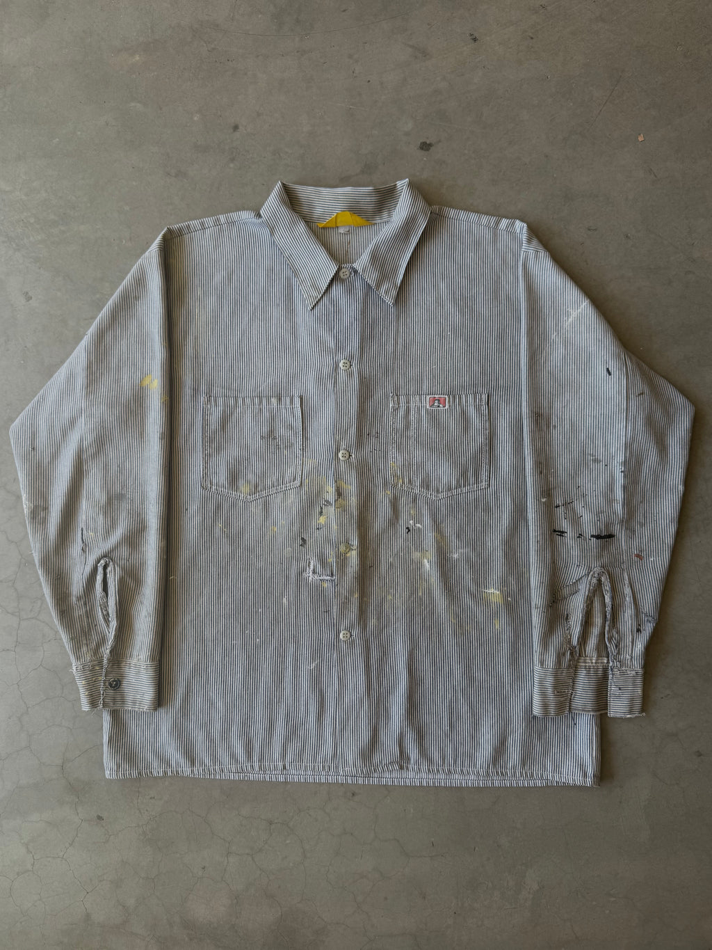 1970s Extremely Painted & Distressed Ben Davis Hickory Striped Button Up(XL)