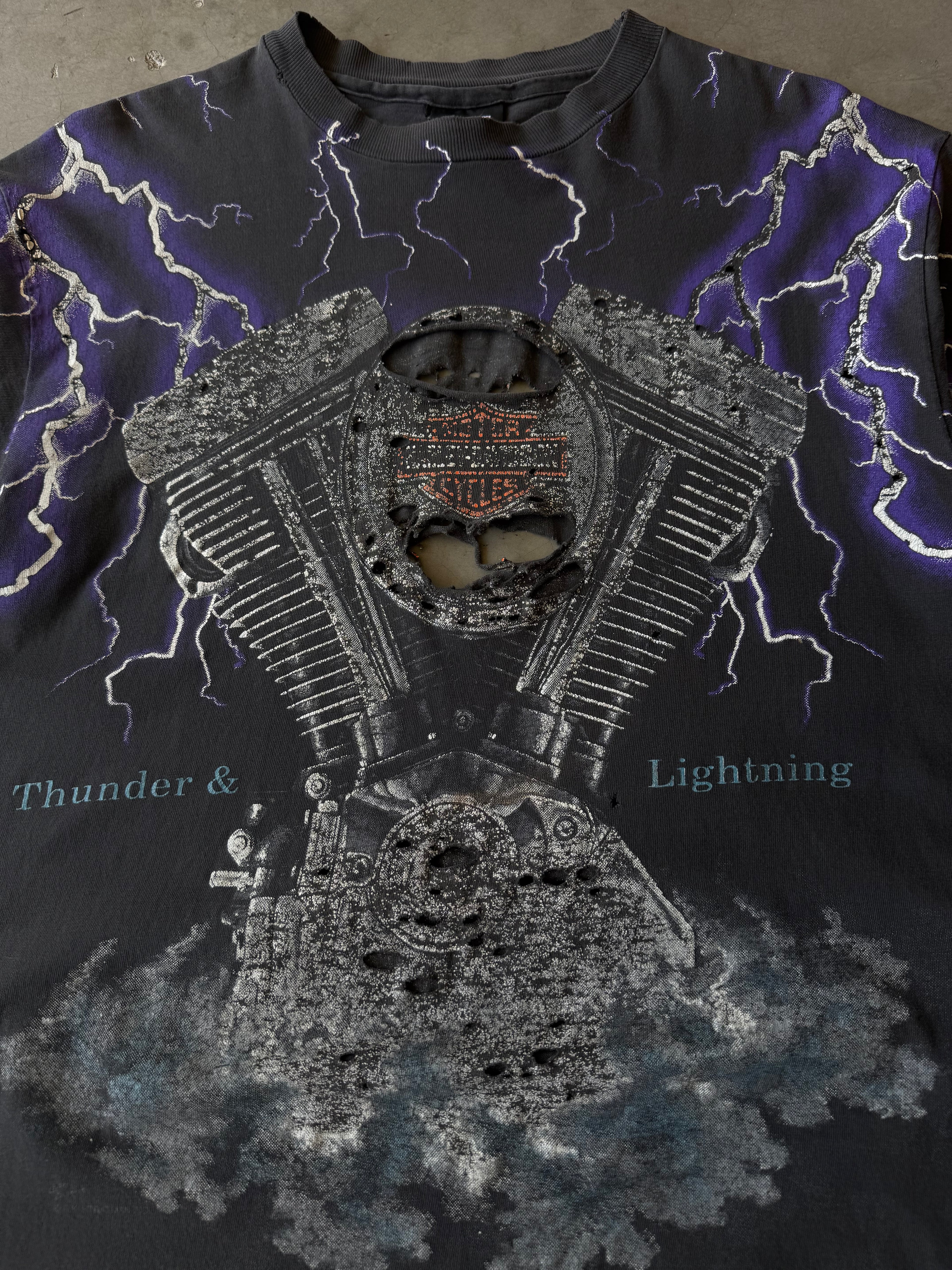 1990s Distressed Harley Davidson Purple Thunder & Lightning AOP