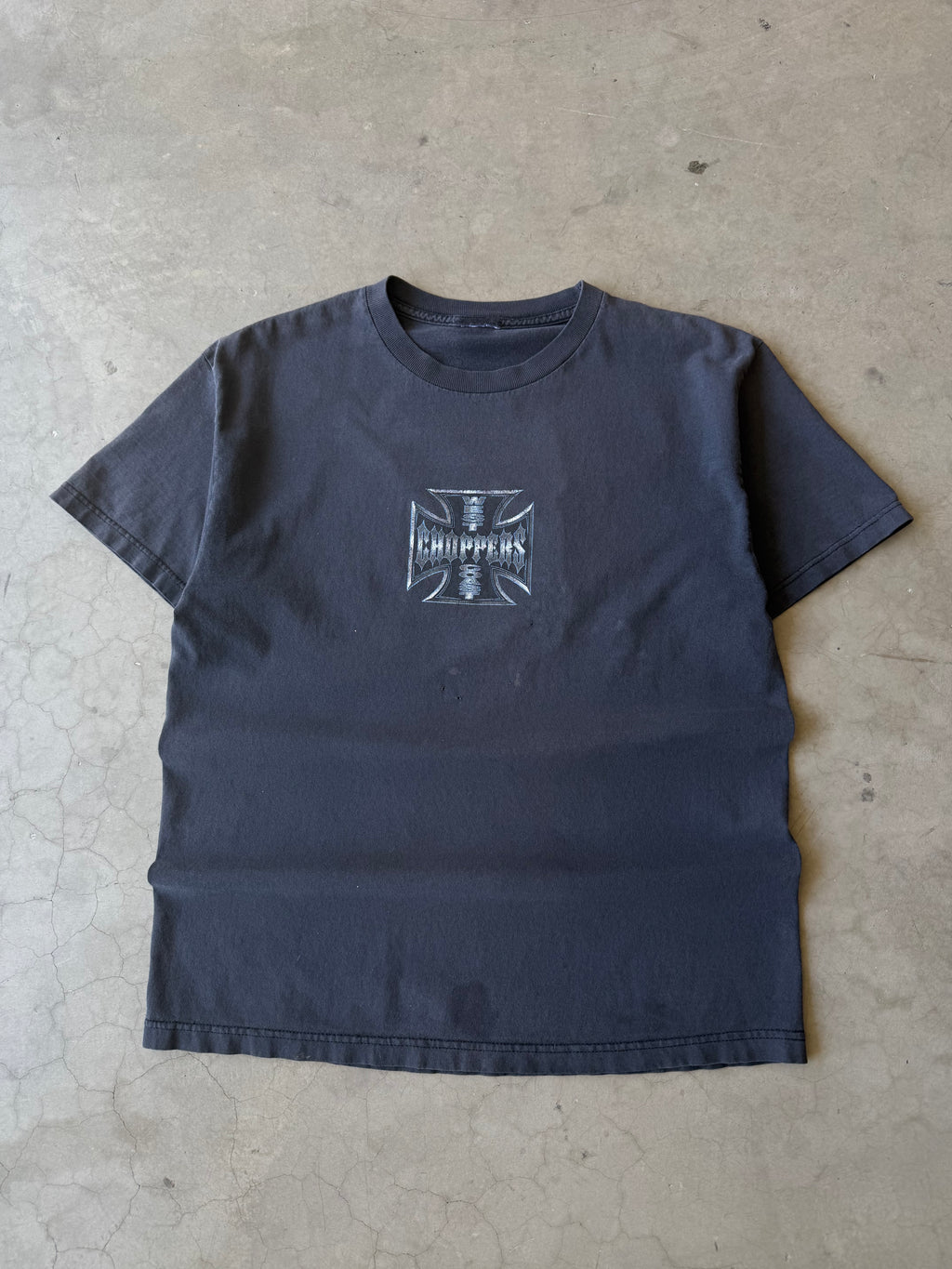 Early 2000s Faded & Distressed Blue Pinstripe West Coast Choppers Tee(L)