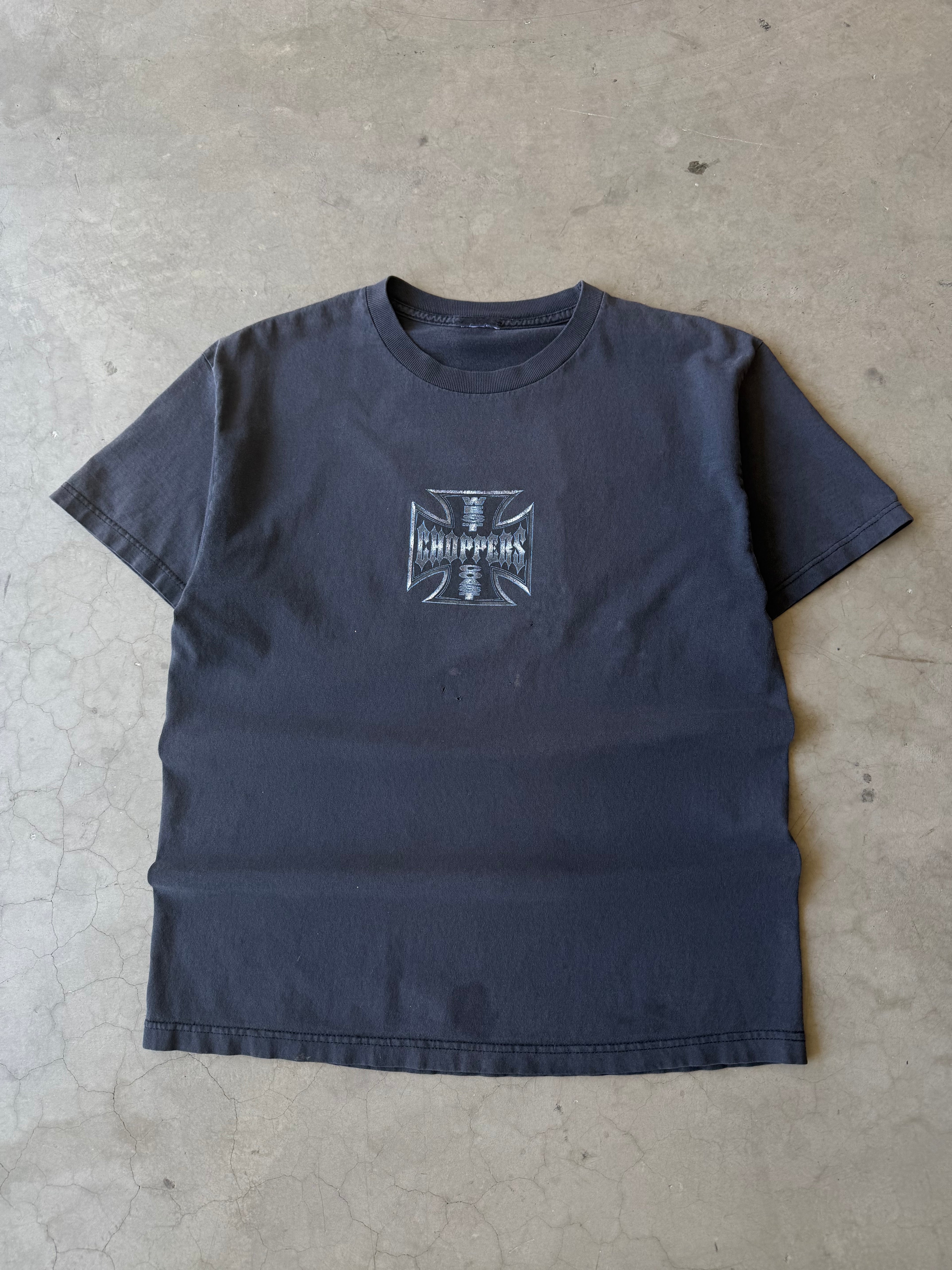 Early 2000s Faded & Distressed Blue Pinstripe West Coast Choppers Tee(L)