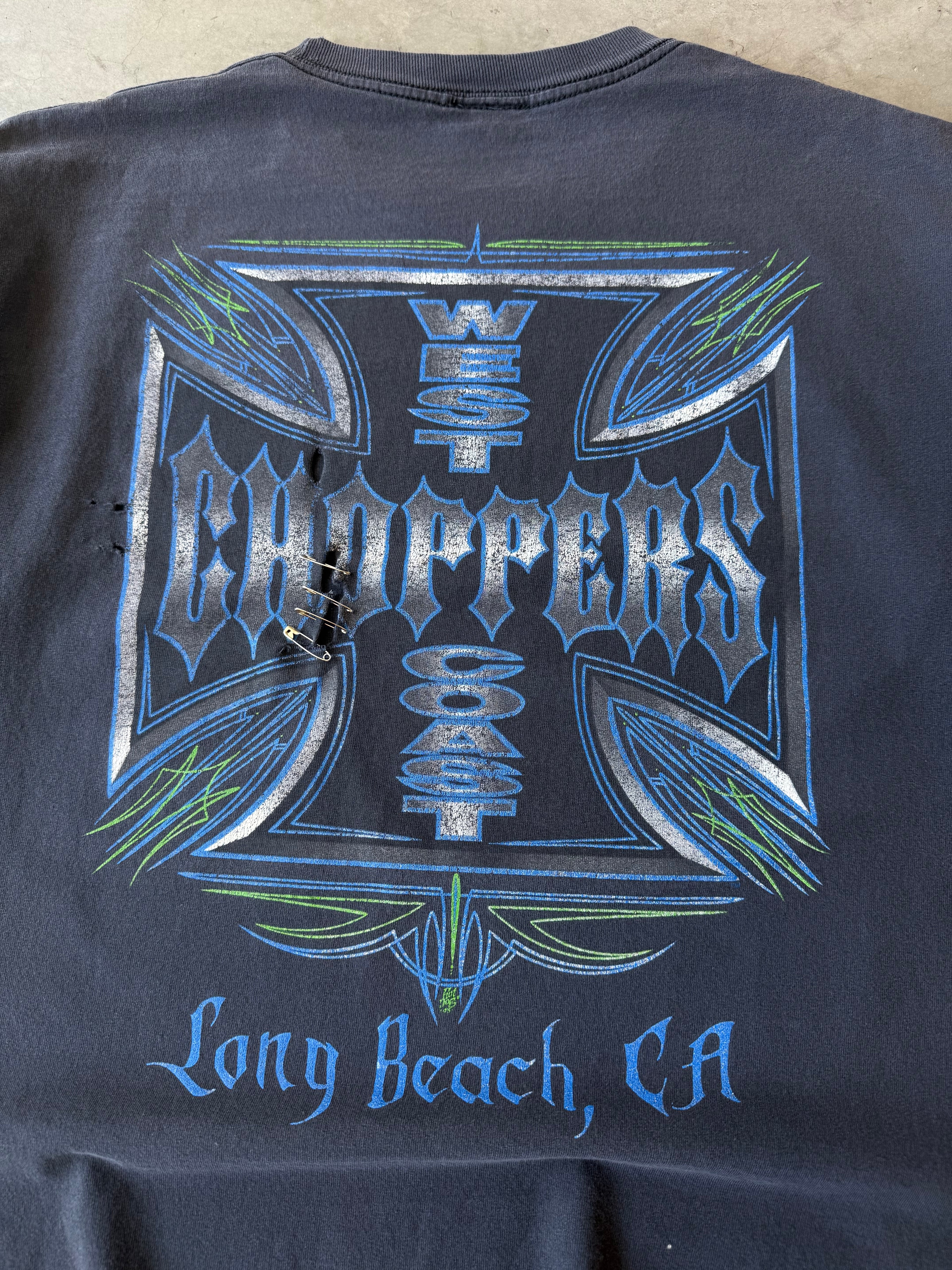 Early 2000s Faded & Distressed Blue Pinstripe West Coast Choppers Tee(L)