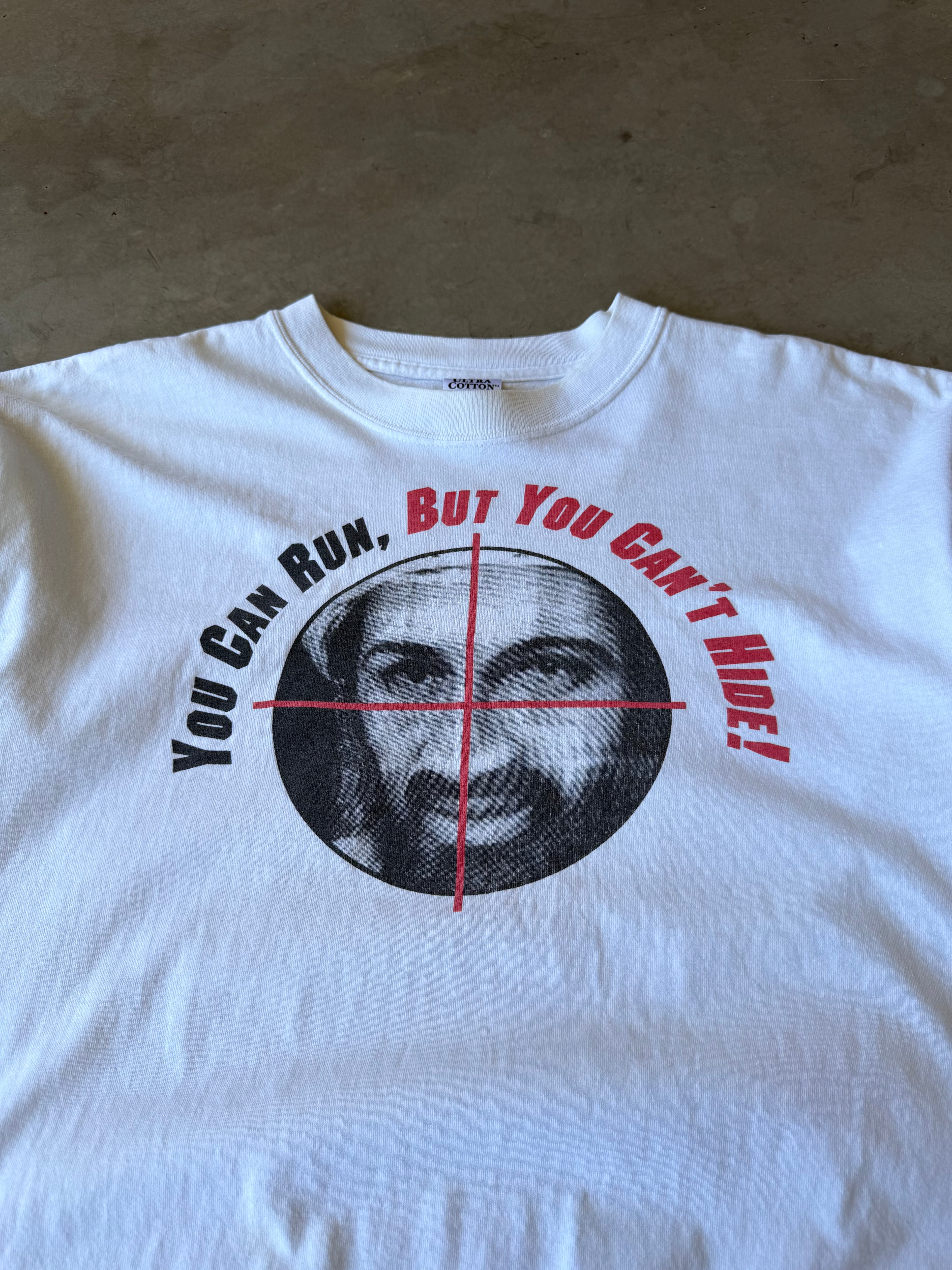 Early 2000s Osama bin Laden You Can Run, But You Can’t Hide! Tee(XL)