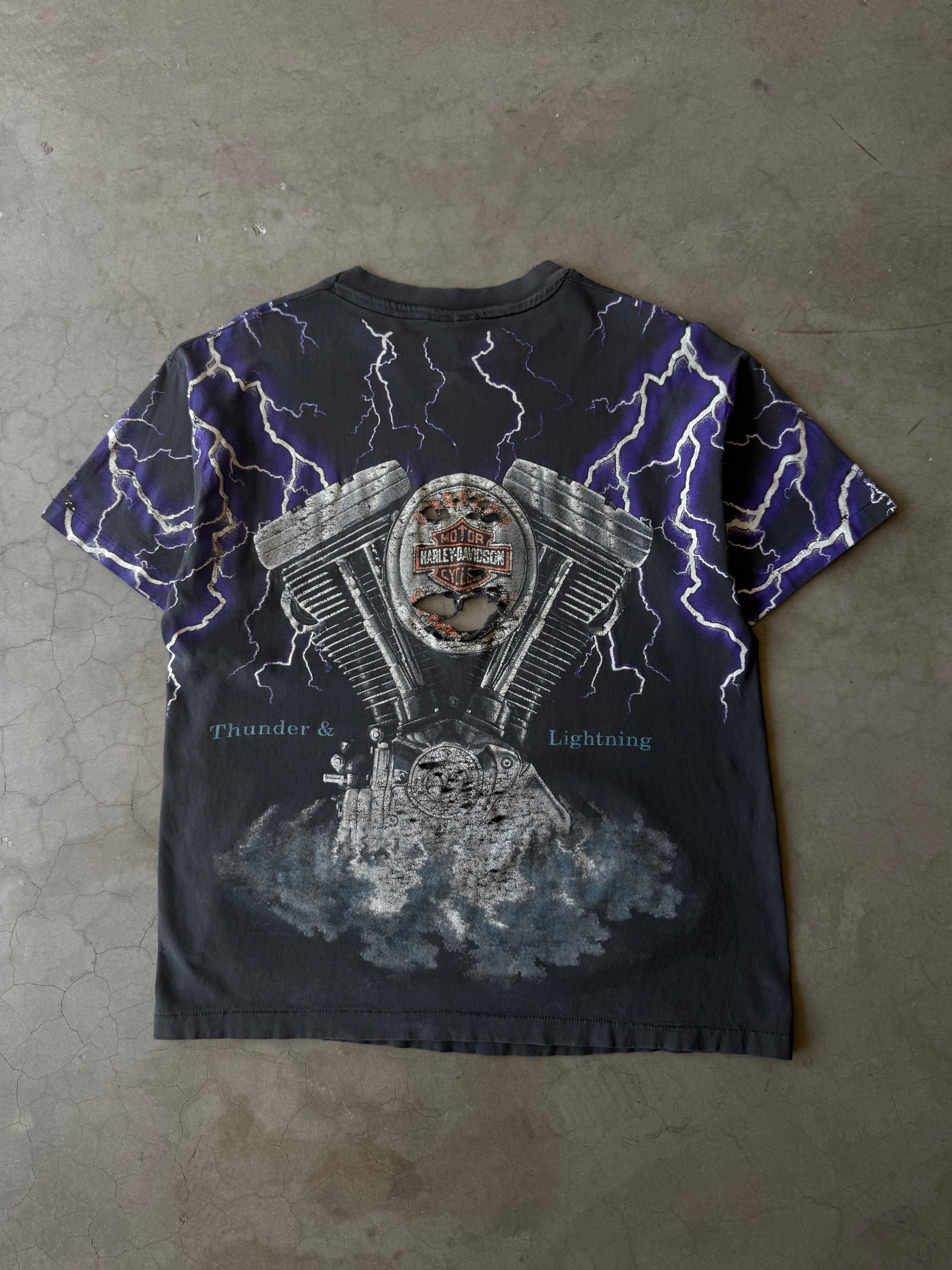 1990s Distressed Harley Davidson Purple Thunder & Lightning AOP
