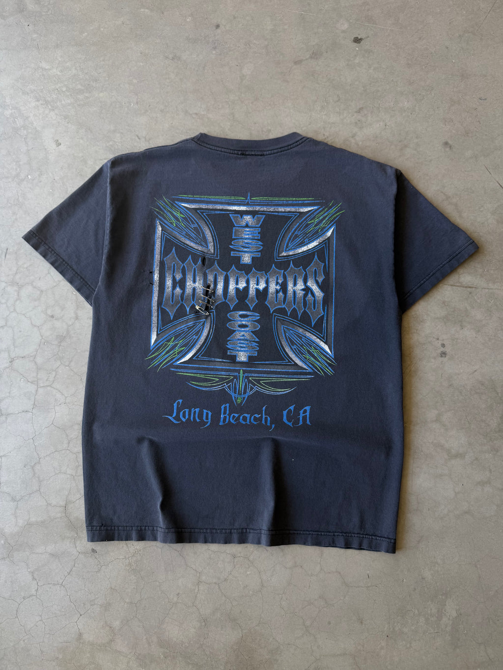 Early 2000s Faded & Distressed Blue Pinstripe West Coast Choppers Tee(L)