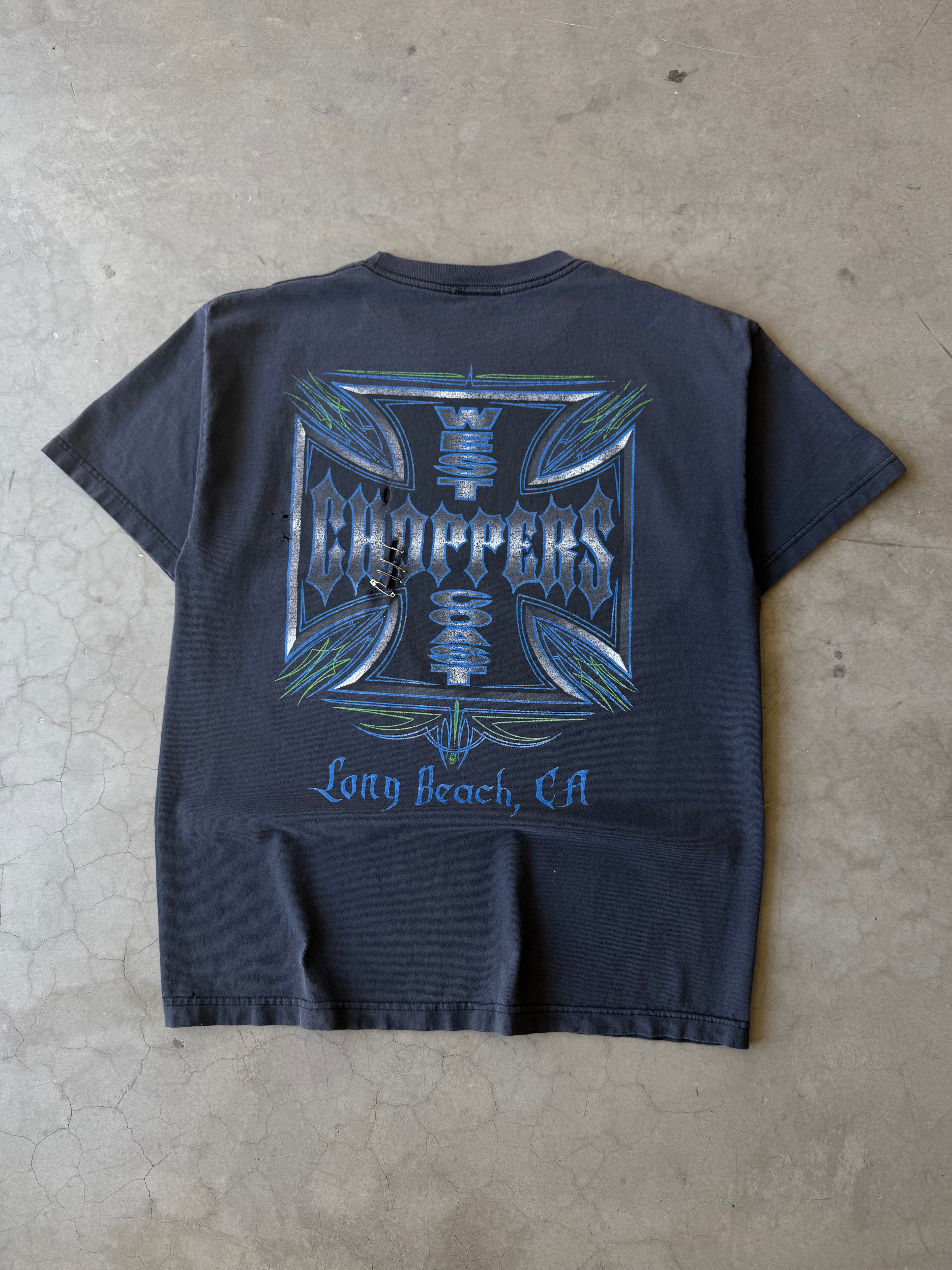 Early 2000s Faded & Distressed Blue Pinstripe West Coast Choppers Tee(L)