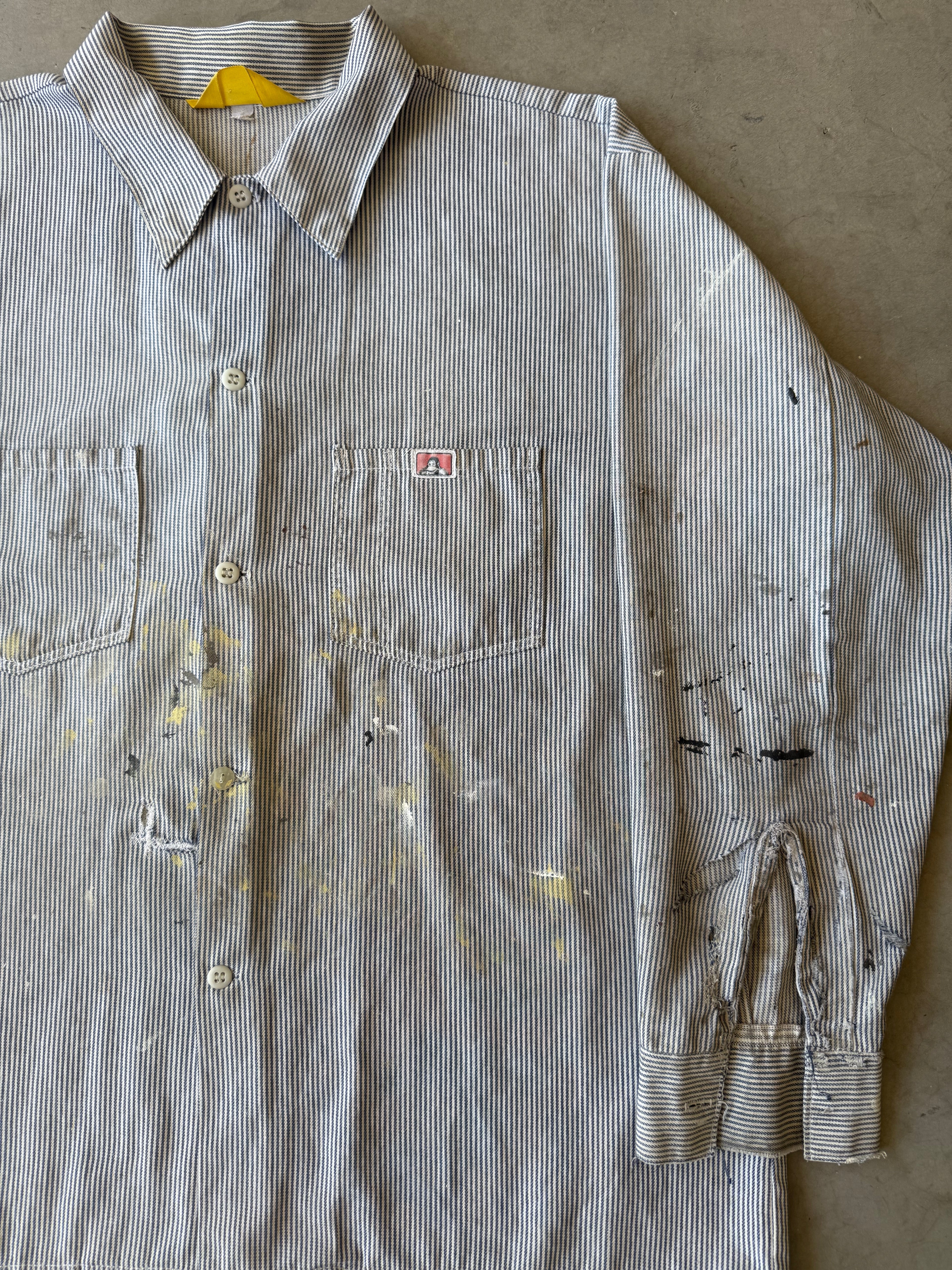 1970s Extremely Painted & Distressed Ben Davis Hickory Striped Button Up(XL)