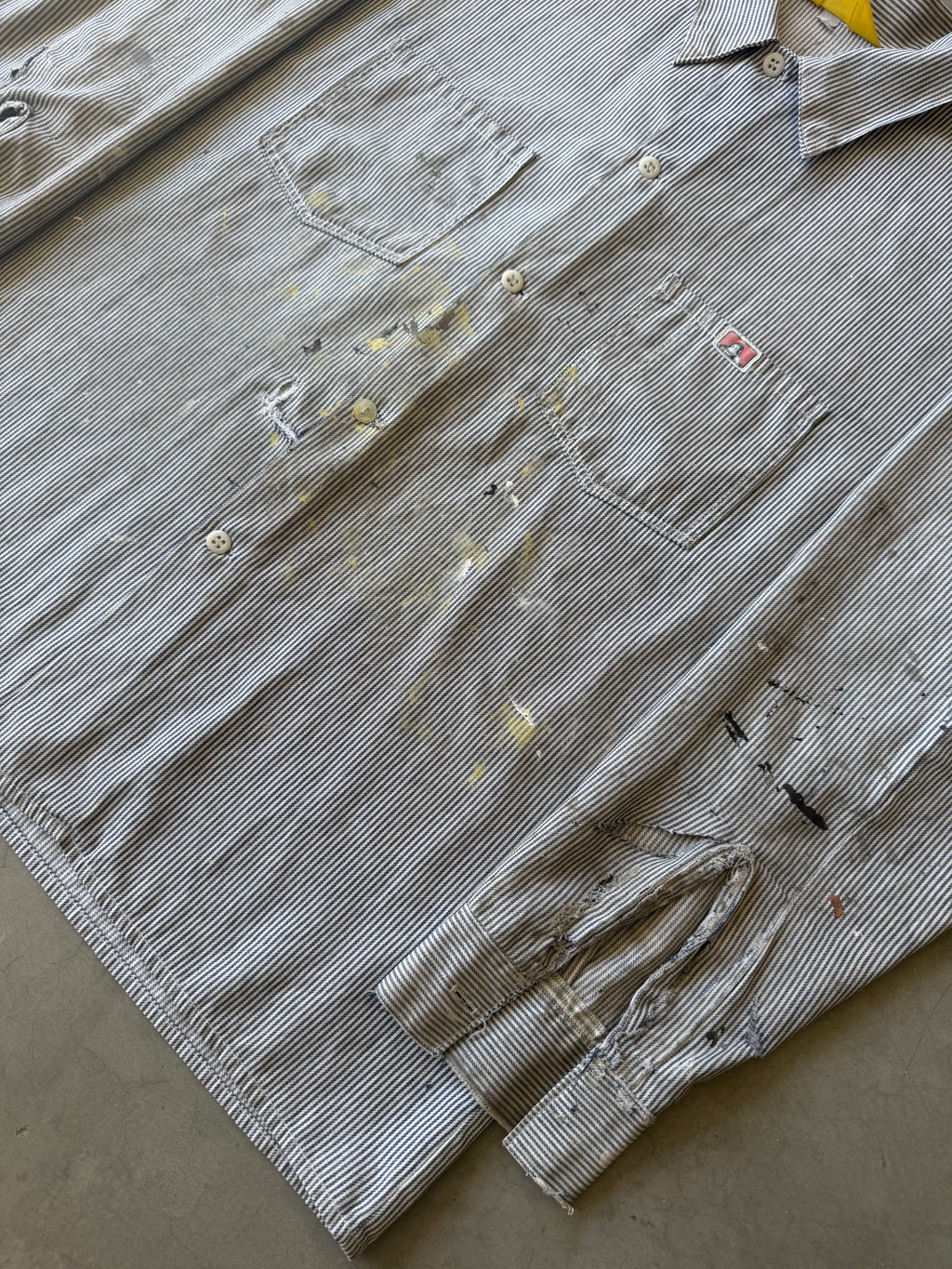 1970s Extremely Painted & Distressed Ben Davis Hickory Striped Button Up(XL)