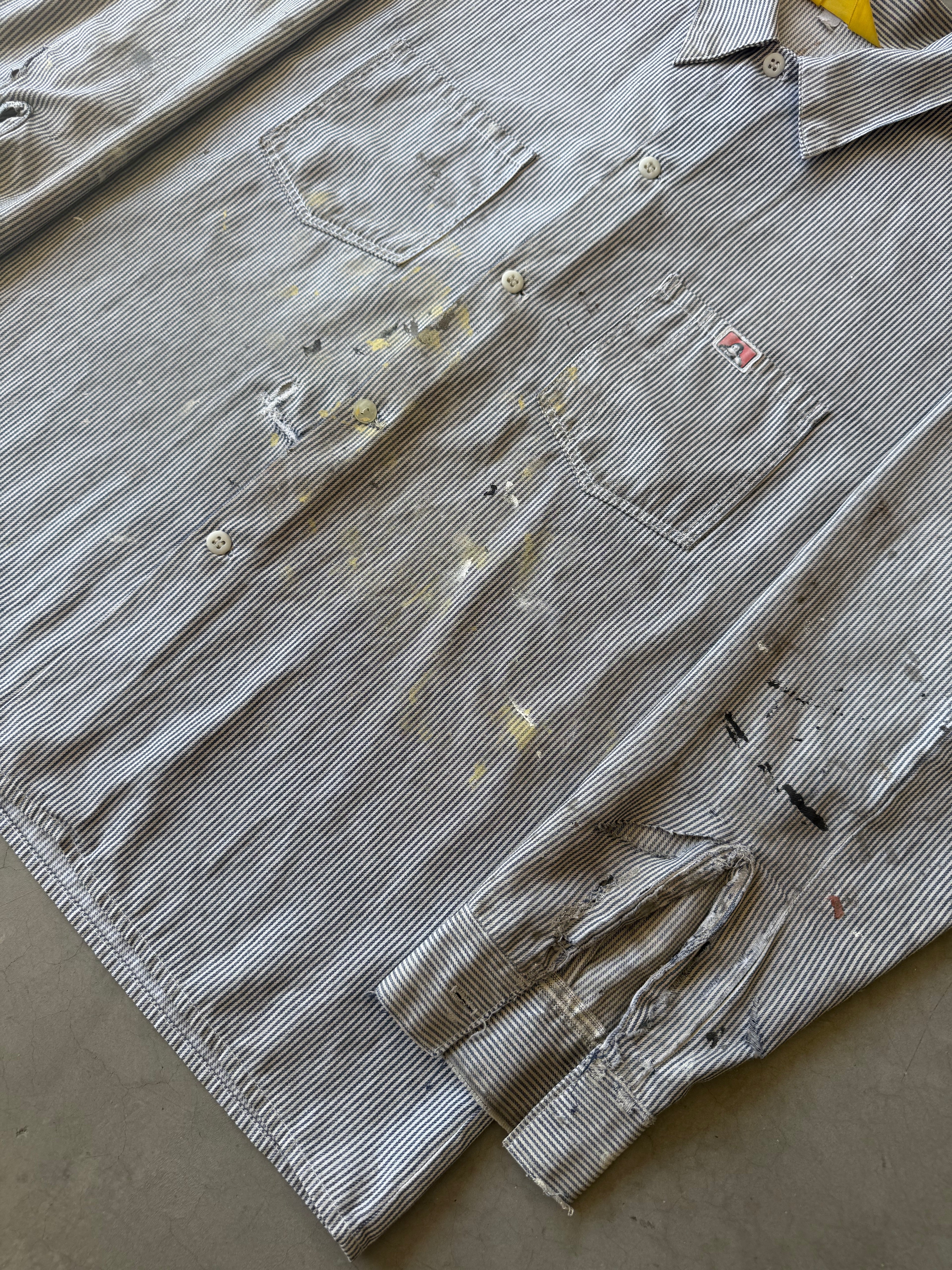 1970s Extremely Painted & Distressed Ben Davis Hickory Striped Button Up(XL)