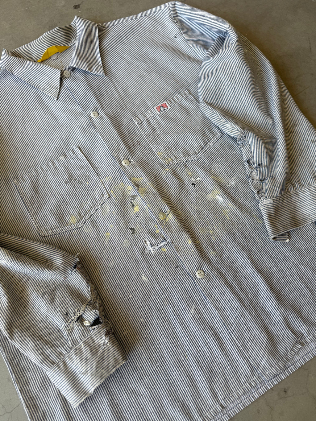 1970s Extremely Painted & Distressed Ben Davis Hickory Striped Button Up(XL)