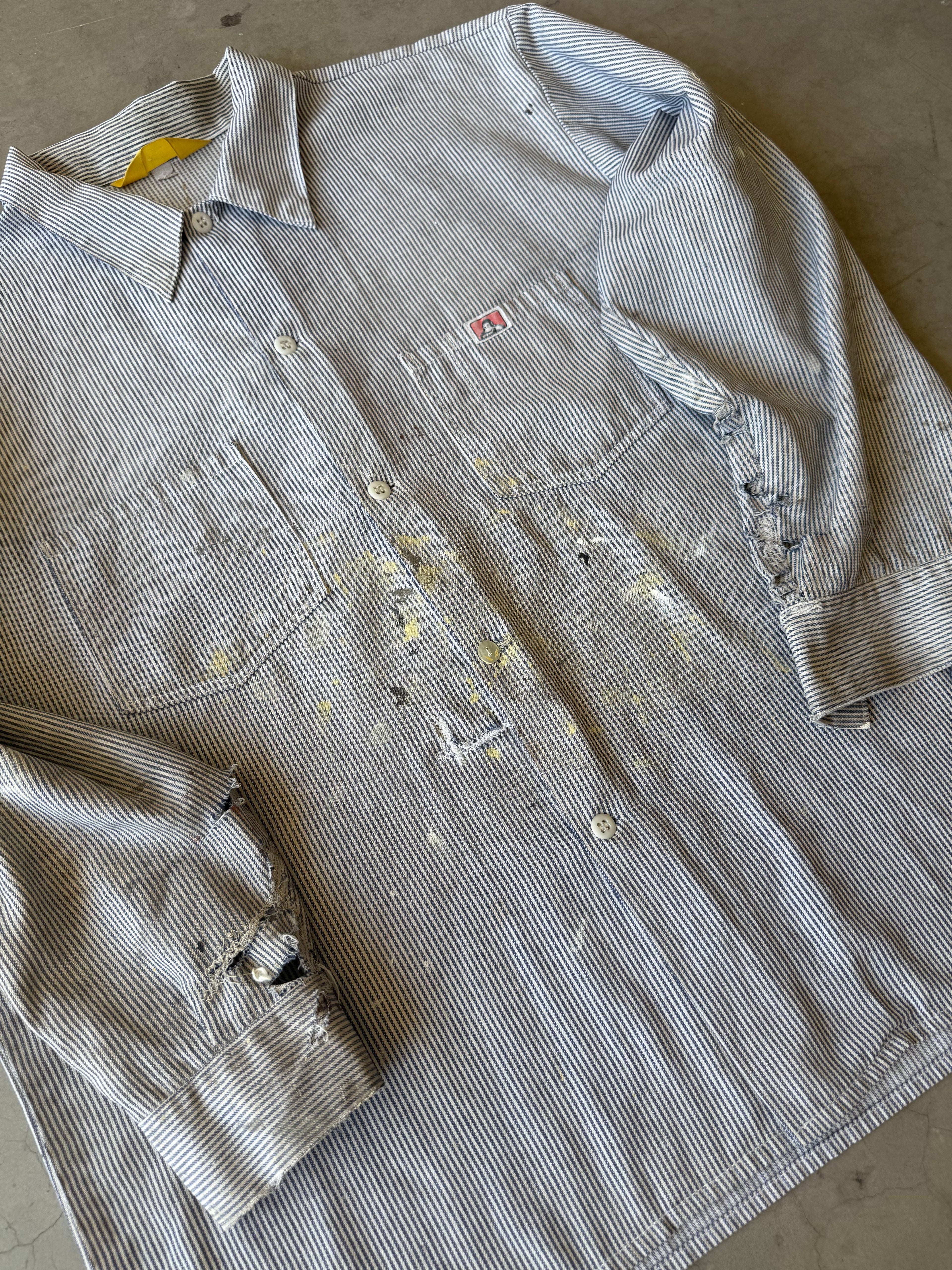 1970s Extremely Painted & Distressed Ben Davis Hickory Striped Button Up(XL)