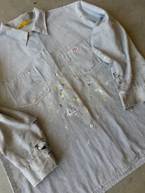 1970s Extremely Painted & Distressed Ben Davis Hickory Striped Button Up(XL)
