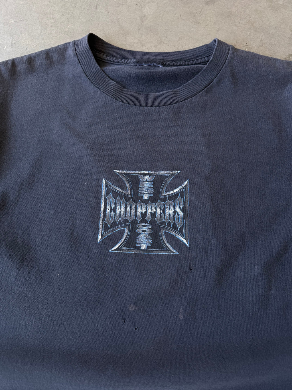 Early 2000s Faded & Distressed Blue Pinstripe West Coast Choppers Tee(L)
