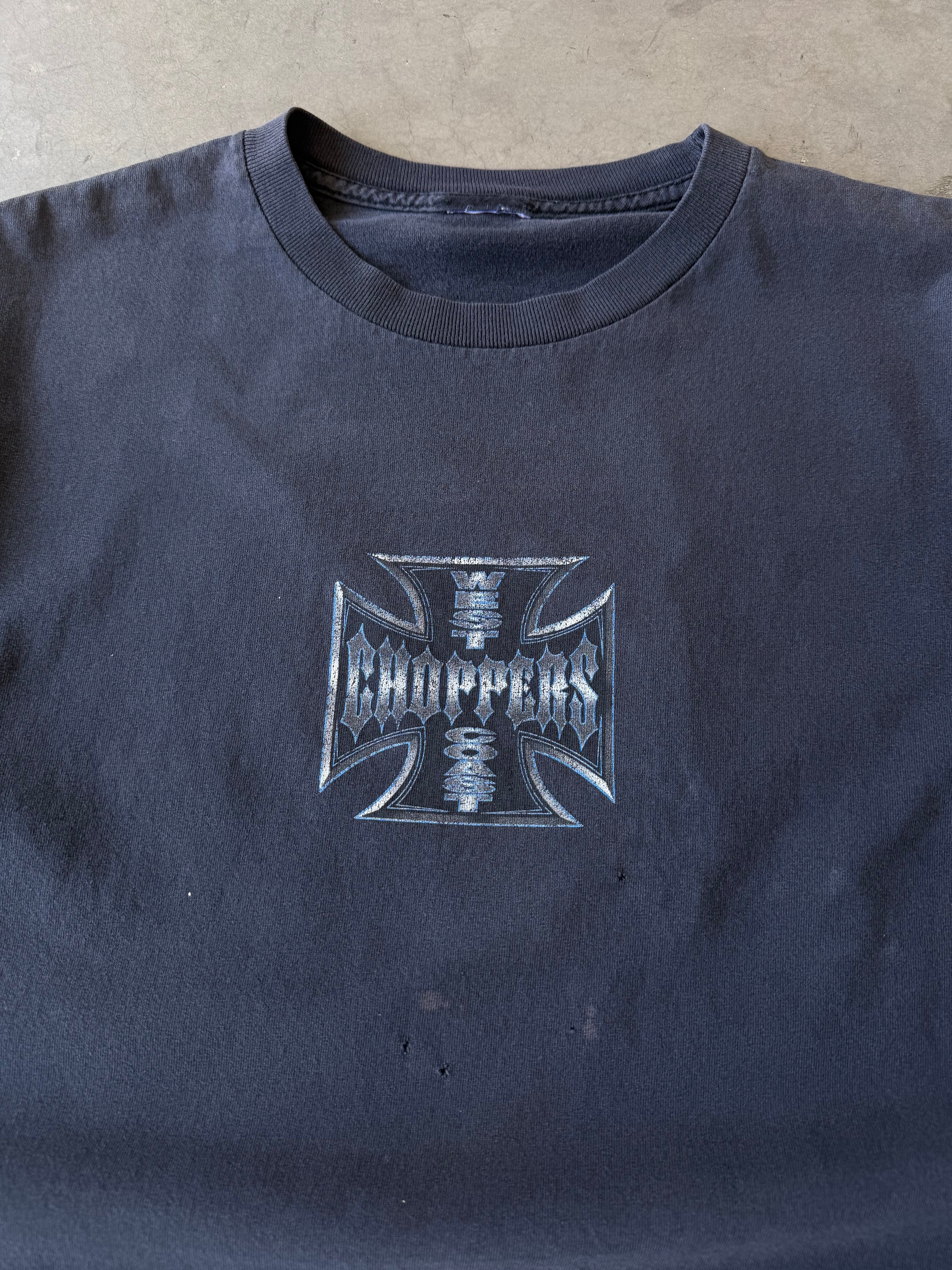 Early 2000s Faded & Distressed Blue Pinstripe West Coast Choppers Tee(L)