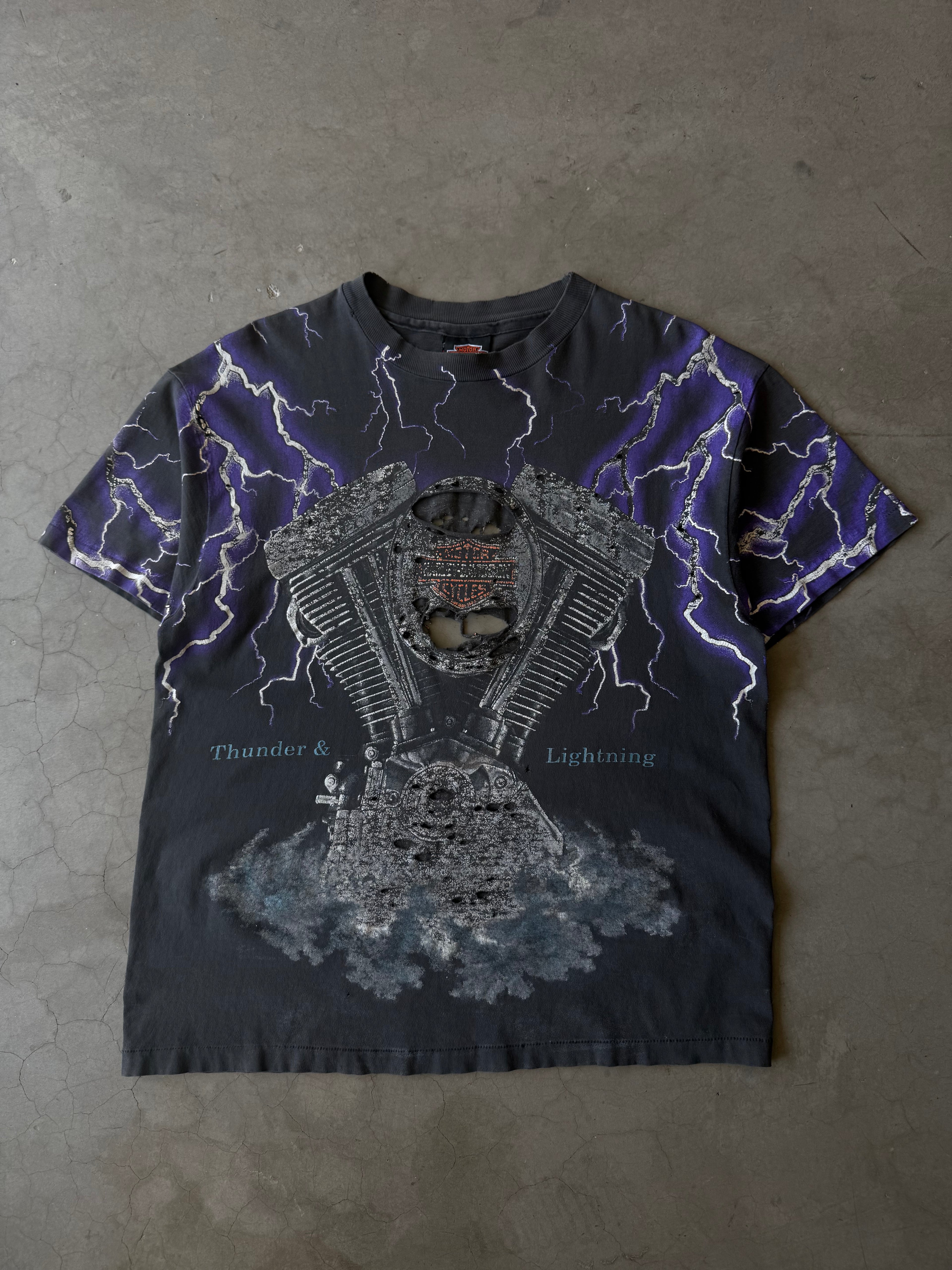 1990s Distressed Harley Davidson Purple Thunder & Lightning AOP