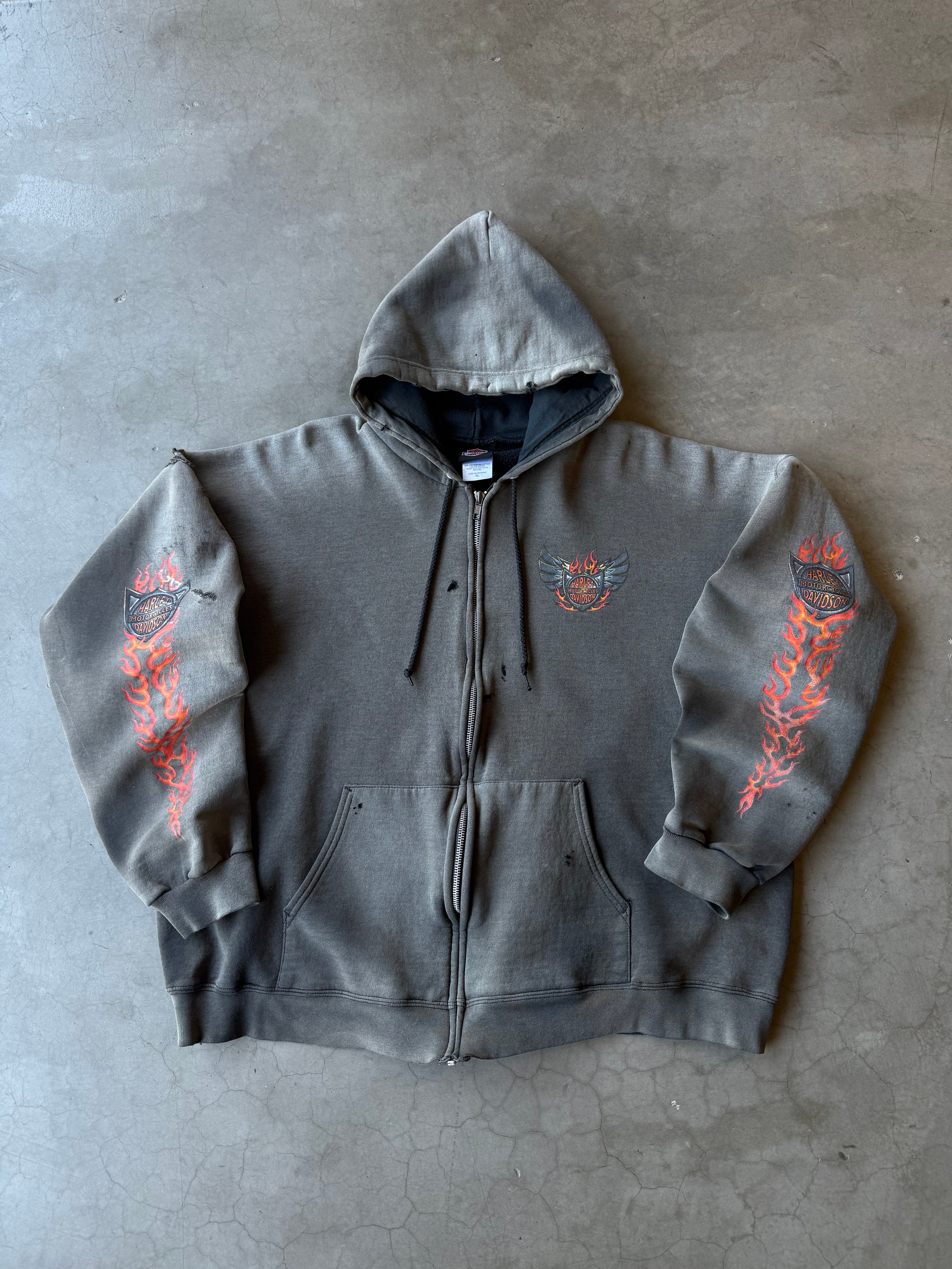 Extremely Faded & Distressed Flame Harley Hoodie(XL)